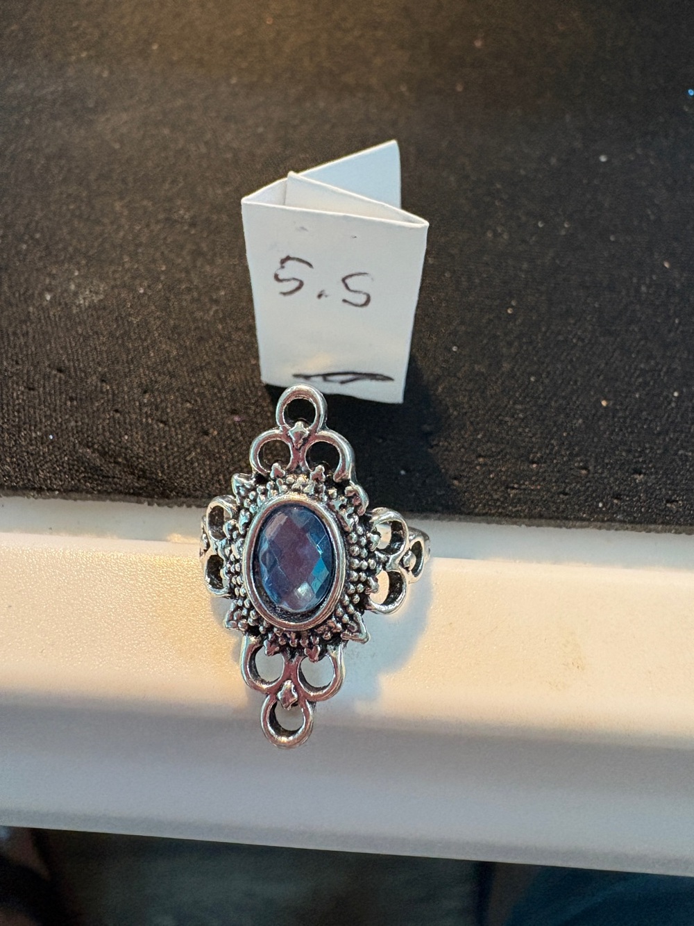 Silver-Tone Vintage Style Blue Gemstone Ring Size 5.5